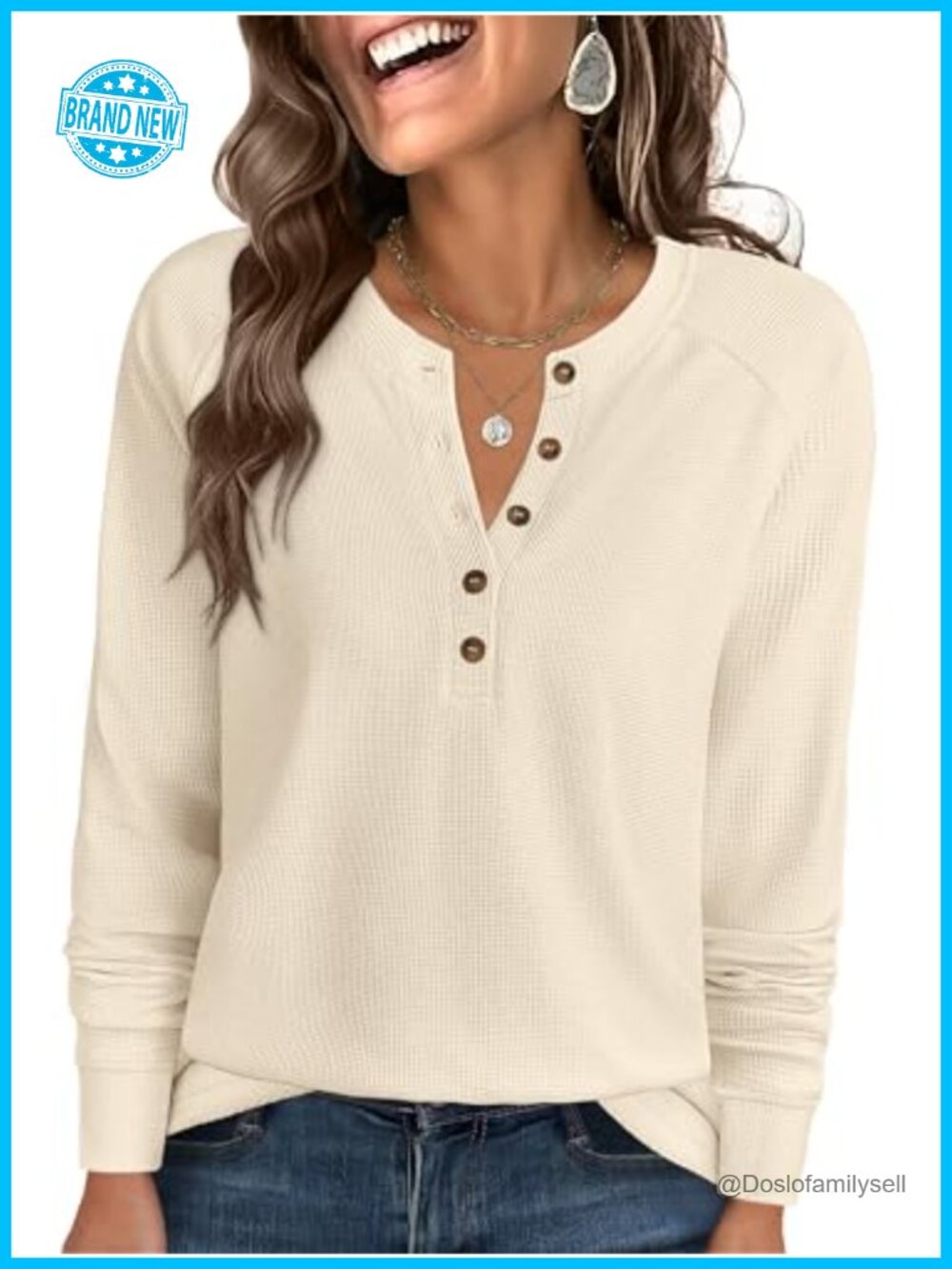 Waffle Knit Henley Top Long Sleeve Loose Casual Tunic